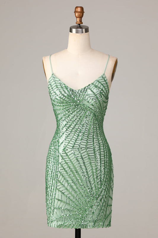Sheath Spaghetti Straps Green Sequins Short Homecoming Dress With Criss Cross Back Sparkly