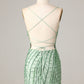 Sheath Spaghetti Straps Green Sequins Short Homecoming Dress With Criss Cross Back Sparkly