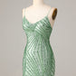 Sheath Spaghetti Straps Green Sequins Short Homecoming Dress With Criss Cross Back Sparkly