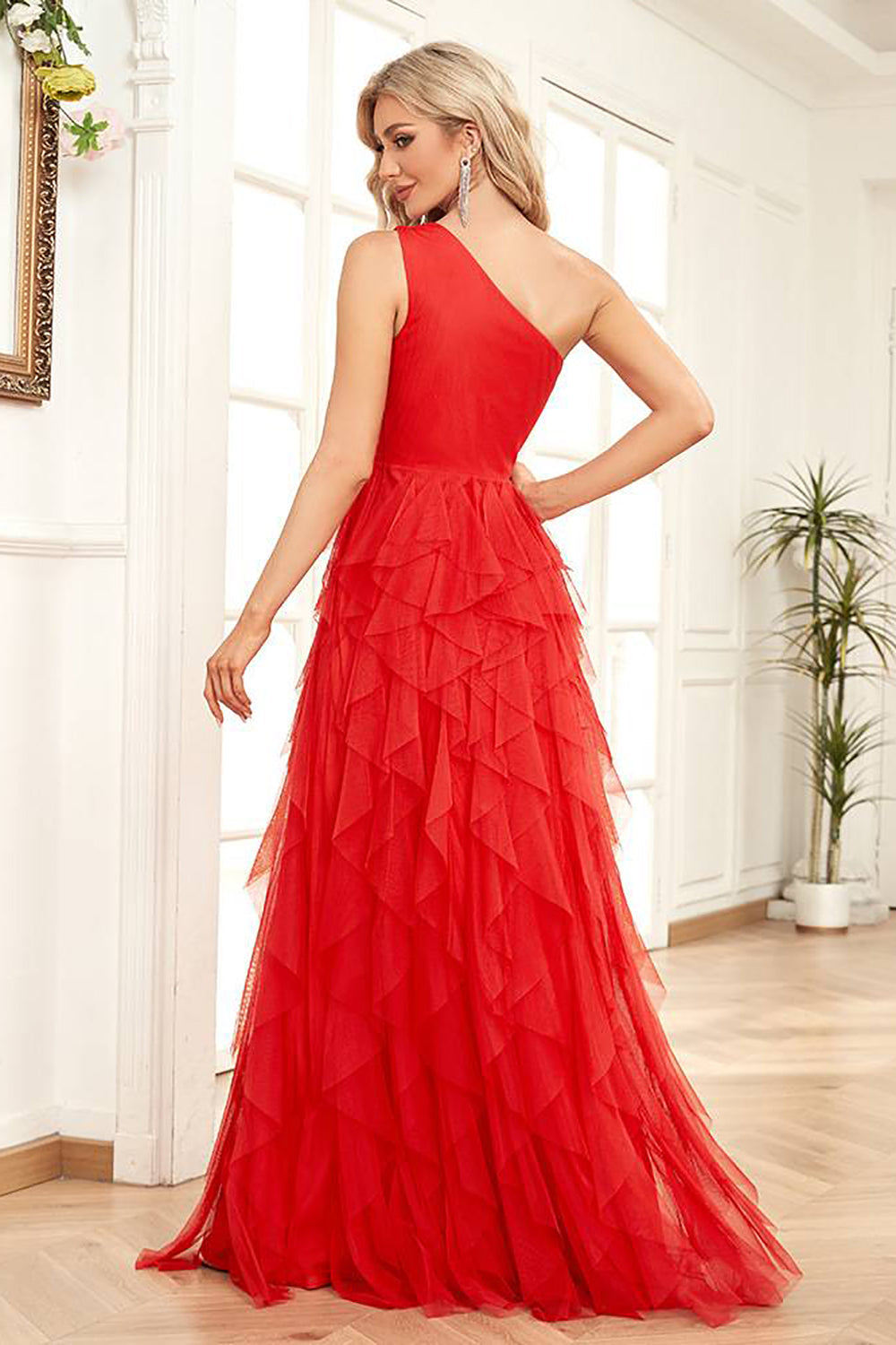 Bright Red Tulle Long Tiered Prom Dress One Shoulder Sexy