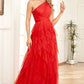 Bright Red Tulle Long Tiered Prom Dress One Shoulder Sexy