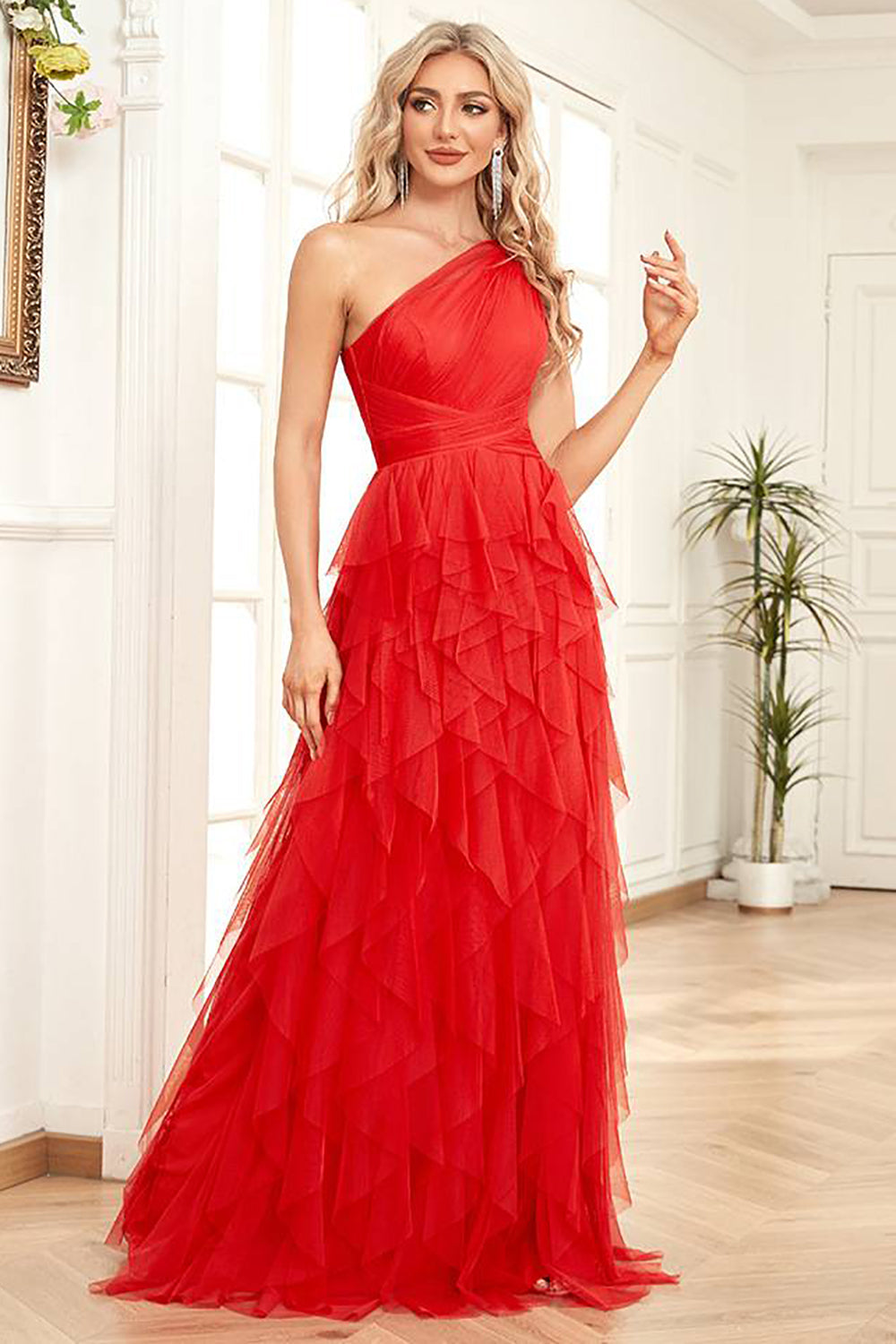 Bright Red Tulle Long Tiered Prom Dress One Shoulder Sexy