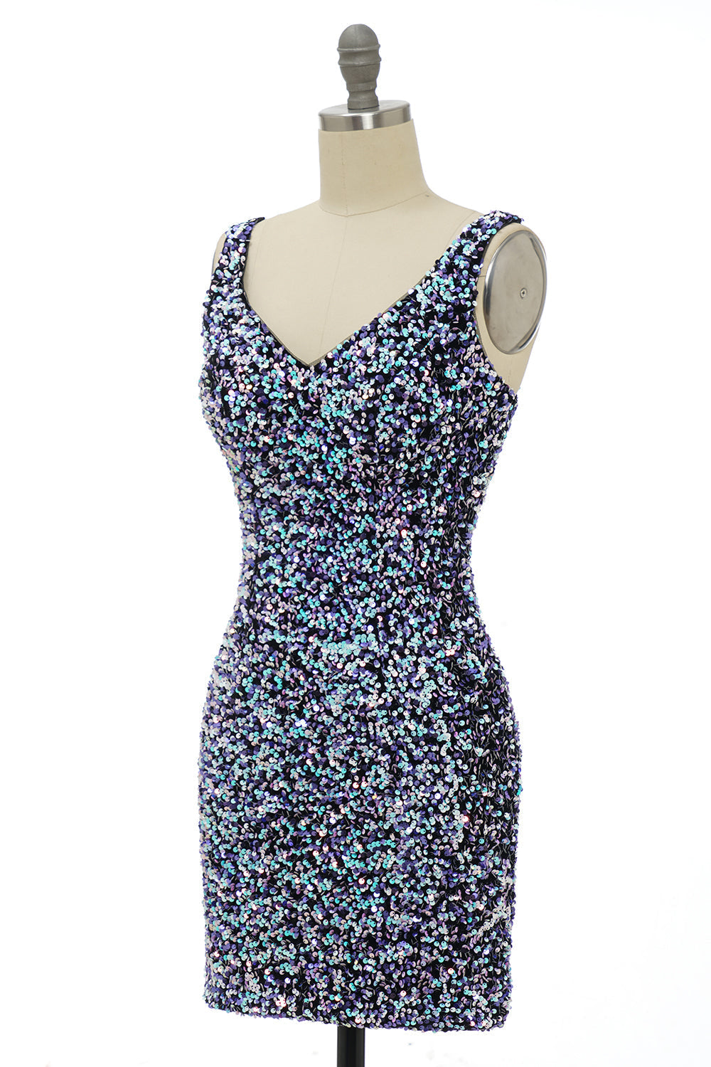 Black V-Neck Sequins Fitted Tight Homecoming Dress Sparkly  Sexy