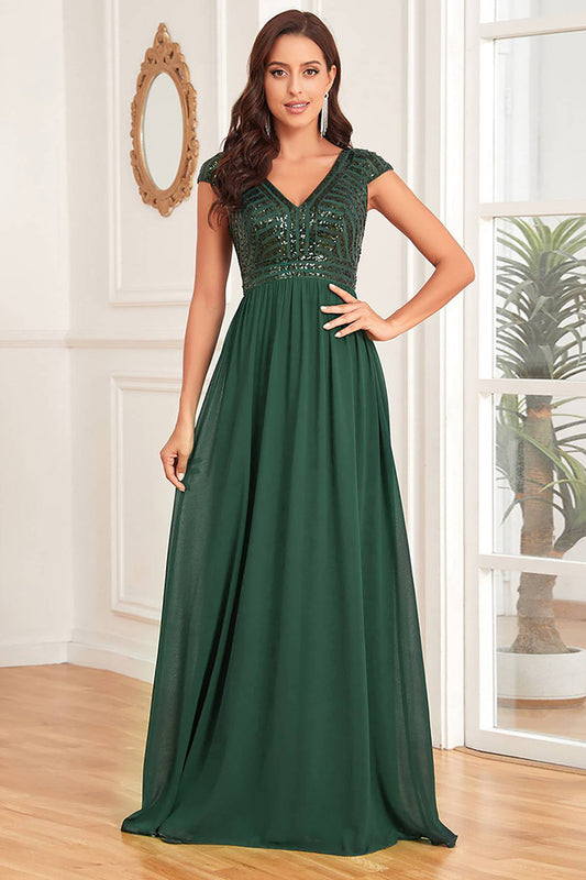 Dark Green A Line Tulle Long Prom Dress With Appliques Sparkly Evening Dresses