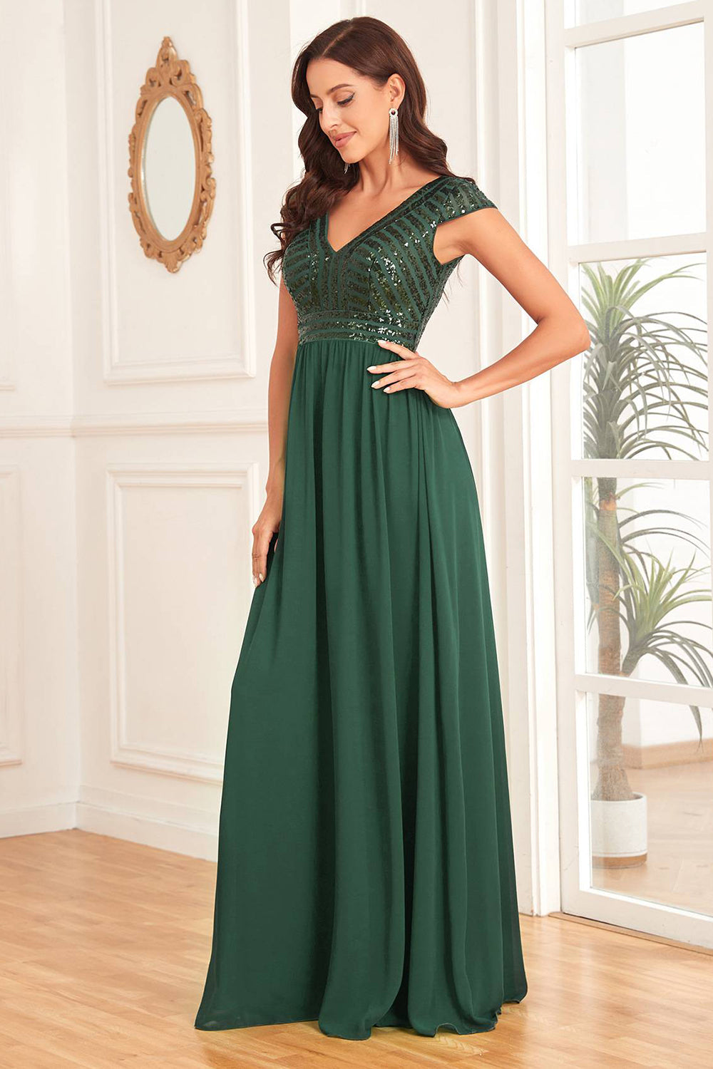 Dark Green A Line Tulle Long Prom Dress With Appliques Sparkly Evening Dresses