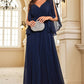 Elegant Navy Chiffon Long Prom Dress With Slit Sexy Evening Dresses
