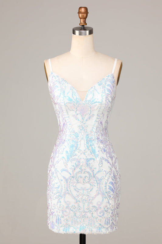 Sheath Spaghetti Straps White Sequins Short Homecoming Dress Sexy