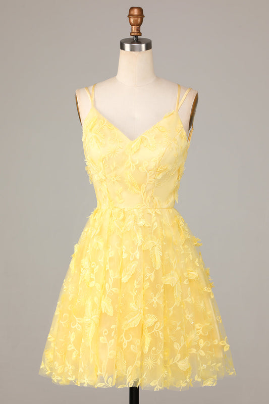 A Line Spaghetti Straps Yellow Short Homecoming Dress With Appliques Pure Color