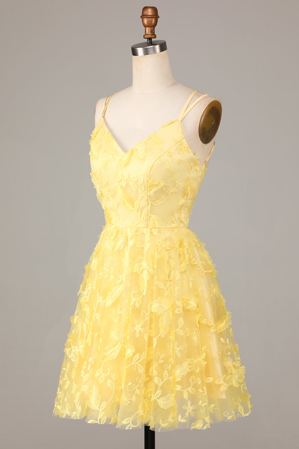 A Line Spaghetti Straps Yellow Short Homecoming Dress With Appliques Pure Color