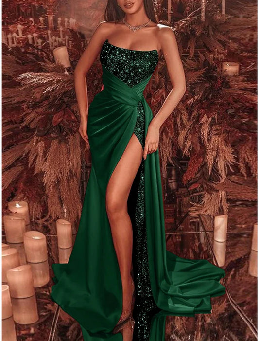 Sheath Black Dress Evening Gown Celebrity Style Dress Formal Court Train Sleeveless Strapless Sequined with Slit