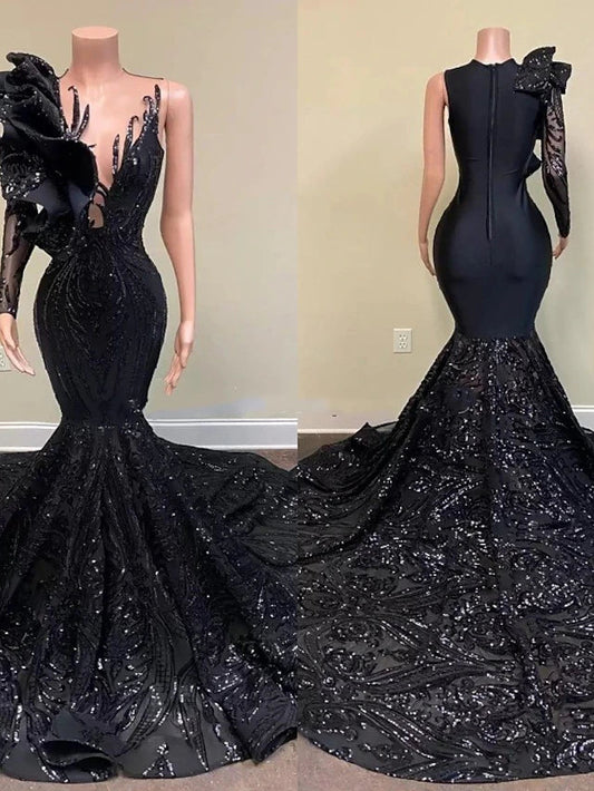 Mermaid / Trumpet Evening Gown Floral Dress Formal Chapel Train Long Sleeve One Shoulder African American Sequined