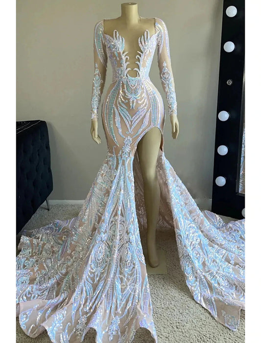 Mermaid / Trumpet Evening Gown Floral Dress Formal Chapel Train Long Sleeve V Neck African American Sequined Backless with Sequin