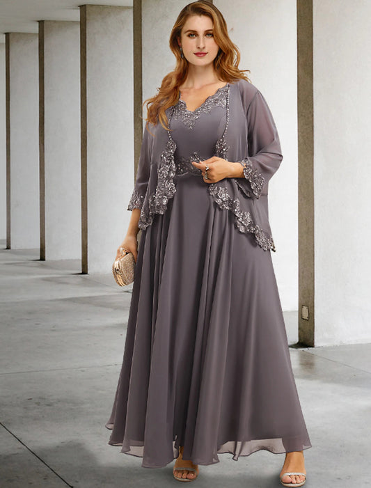 Two Piece A-Line Evening Gown Elegant Dress Formal Tea Length Sleeveless V Neck Chiffon with Appliques Plus Size