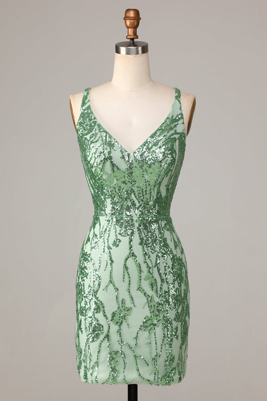 Sheath V-Neck Green Sequins Short Homecoming Dress With Backless Sparkly