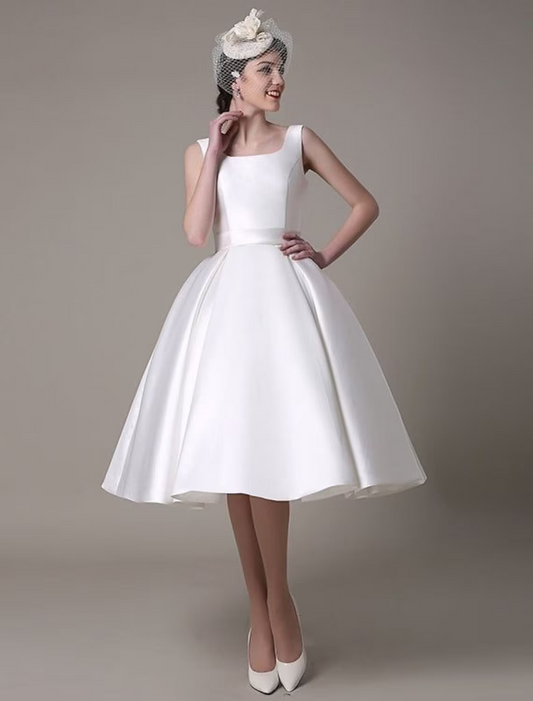 A-Line Cocktail Dresses Party Dress Wedding Guest Knee Length Sleeveless Square Neck Satin