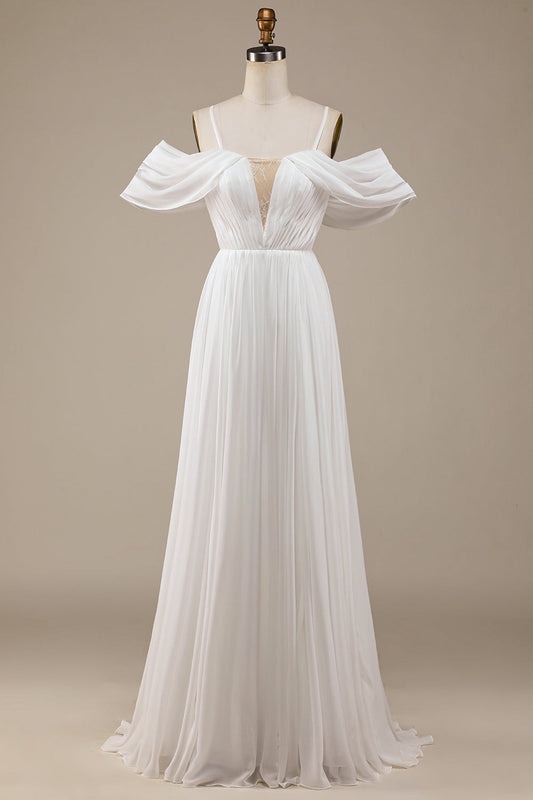 Ivory Simple A Line Off The Shoulder Boho Chiffon Ruched Wedding Dress Sexy