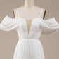 Ivory Simple A Line Off The Shoulder Boho Chiffon Ruched Wedding Dress Sexy