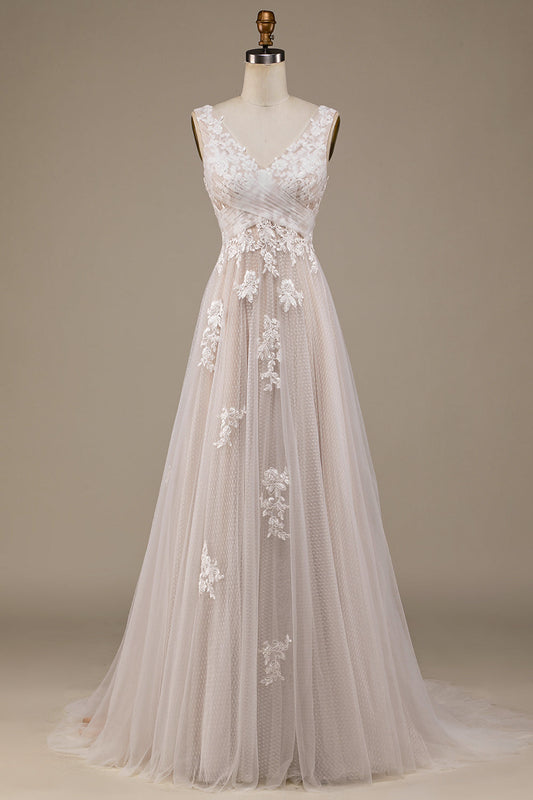 Ivory A Line Tulle Sweep Train Wedding Dress with Lace V-neck