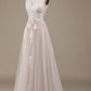Ivory A Line Tulle Sweep Train Wedding Dress with Lace V-neck