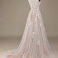 Ivory A Line Tulle Sweep Train Wedding Dress with Lace V-neck