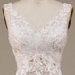 Ivory A Line Tulle Sweep Train Wedding Dress with Lace V-neck