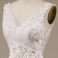 Ivory A Line Tulle Sweep Train Wedding Dress with Lace V-neck