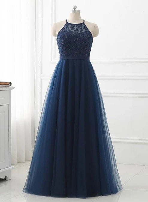 Navy Blue Tulle with Lace Applique Long Party Dress Prom Dress Sleeveless Elegant