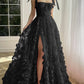 A-Line/Princess Spaghetti Straps Long Prom Floral Dresses With Split Side Pure Color