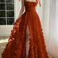 A-Line/Princess Spaghetti Straps Long Prom Floral Dresses With Split Side Pure Color