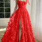 A-Line/Princess Spaghetti Straps Long Prom Floral Dresses With Split Side Pure Color