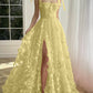 A-Line/Princess Spaghetti Straps Long Prom Floral Dresses With Split Side Pure Color