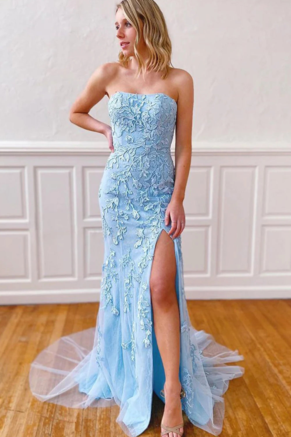 Strapless Lace Long Prom Dress with Slit Off Shoulder Sexy