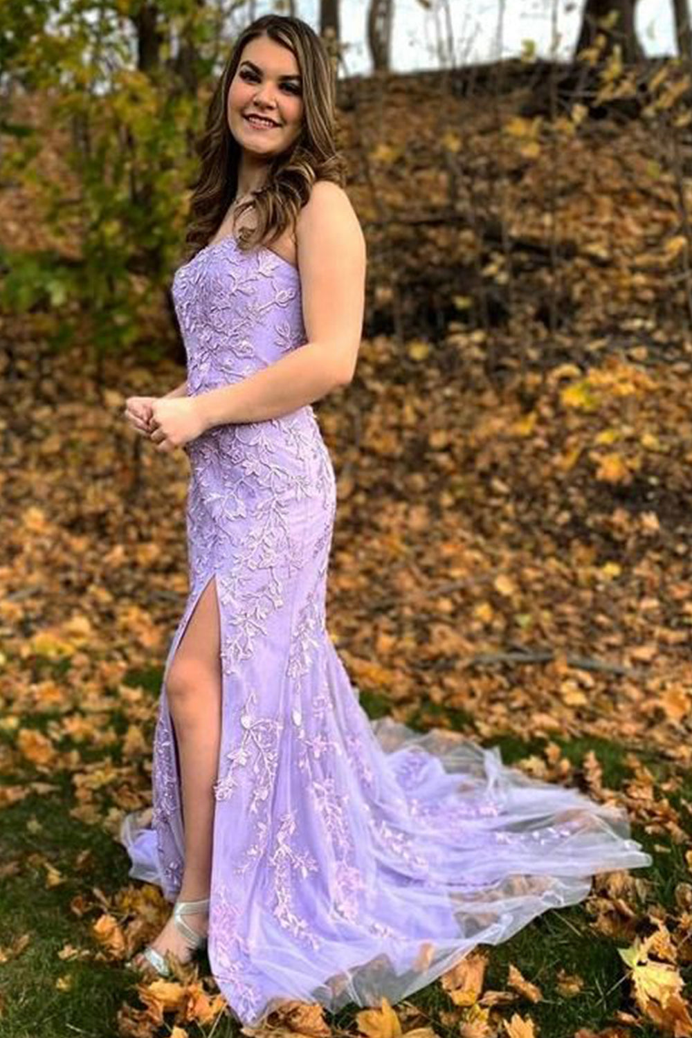 Strapless Lace Long Prom Dress with Slit Off Shoulder Sexy