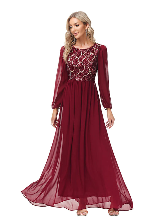 A-Line Evening Gown Empire Dress Party Wear Floor Length Long Sleeve Jewel Neck Chiffon V Back with Sequin