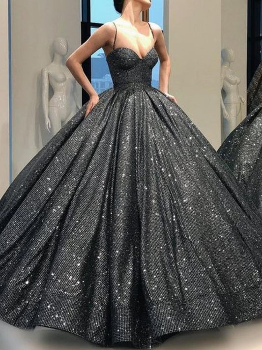 Ball Gown Spaghetti Straps Floor-Length Long Prom Dresses Sparkly Evening Dresses