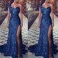 Sheath/Column One-Shoulder Floor-Length Long Prom Dresses With Split Side Sparkly