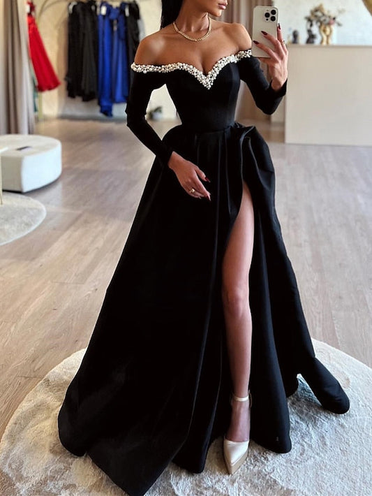 Ball Gown Off-The-Shoulder Floor-Length Long Prom Dresses With Split Side & Beading Sexy Evening Dresses