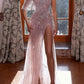 Sheath/Column One-Shoulder Floor-Length Long Prom Dresses With Split Side & Sequins Sparkly Evening Dresses