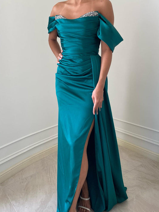 Sheath/Column Off-The-Shoulder Floor-Length Long Dresses With Split Side & Beading Sexy Evening Dresses