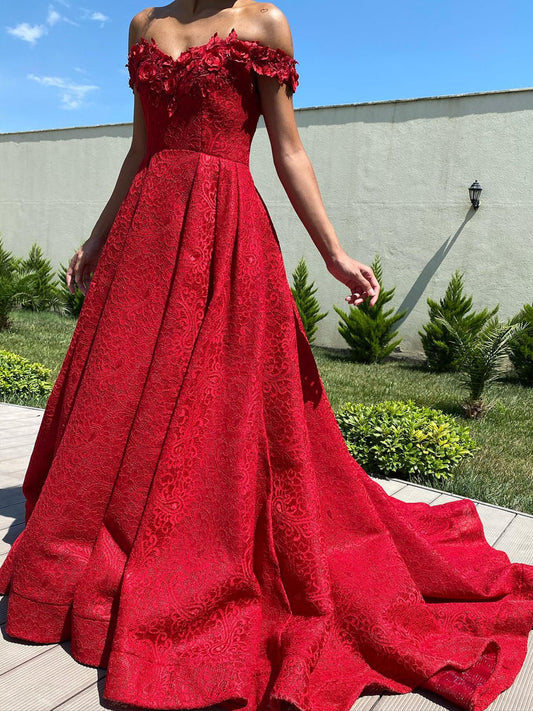 A-Line/Princess Off-The-Shoulder Long Dresses With Applique & Beading Sexy Evening Dresses