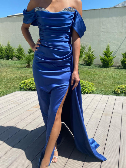 Sheath/Column Off-The-Shoulder Floor-Length Long Dresses With Split Side & Beading Sexy Evening Dresses