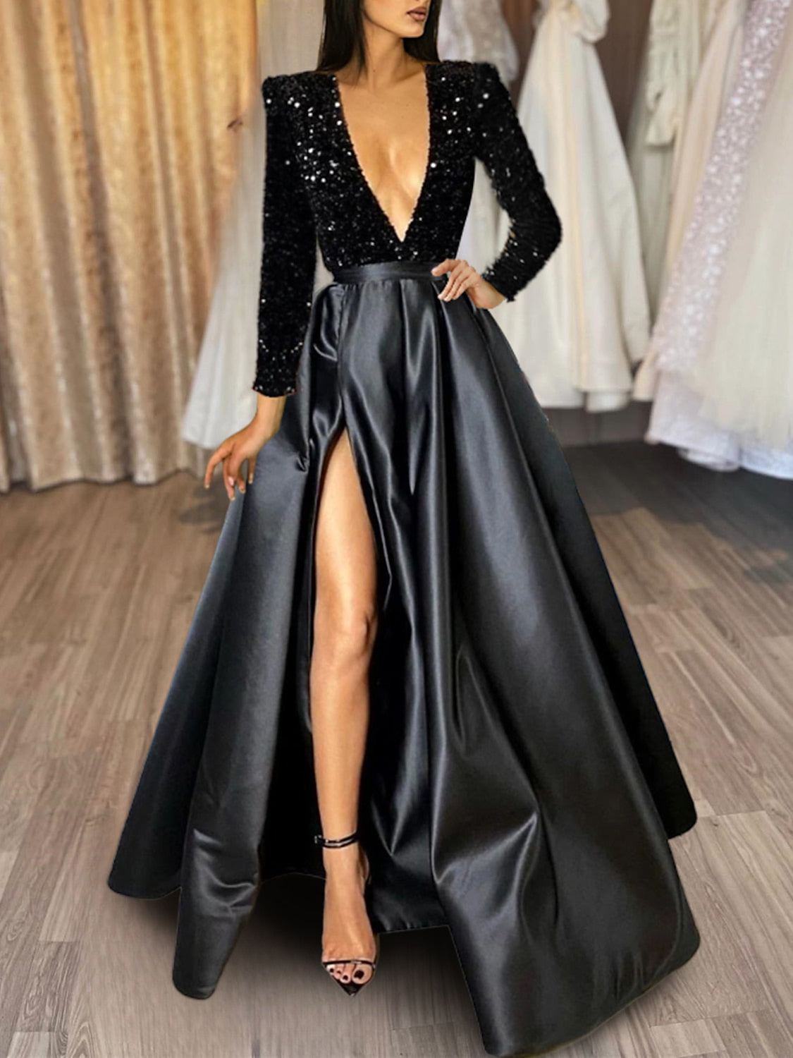 A-Line/Princess V-Neck Long Prom Dresses With Split Side & Sequins Sparkly