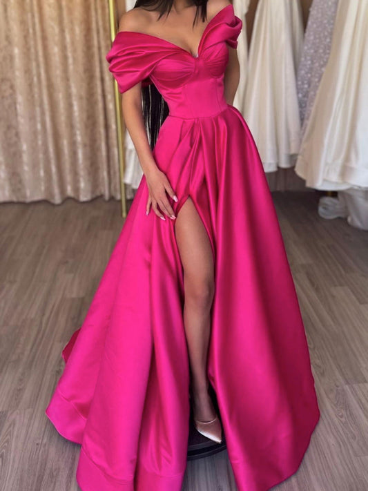 A-Line/Princess Off-The-Shoulder Long Prom Dresses With Split Side Pure Color