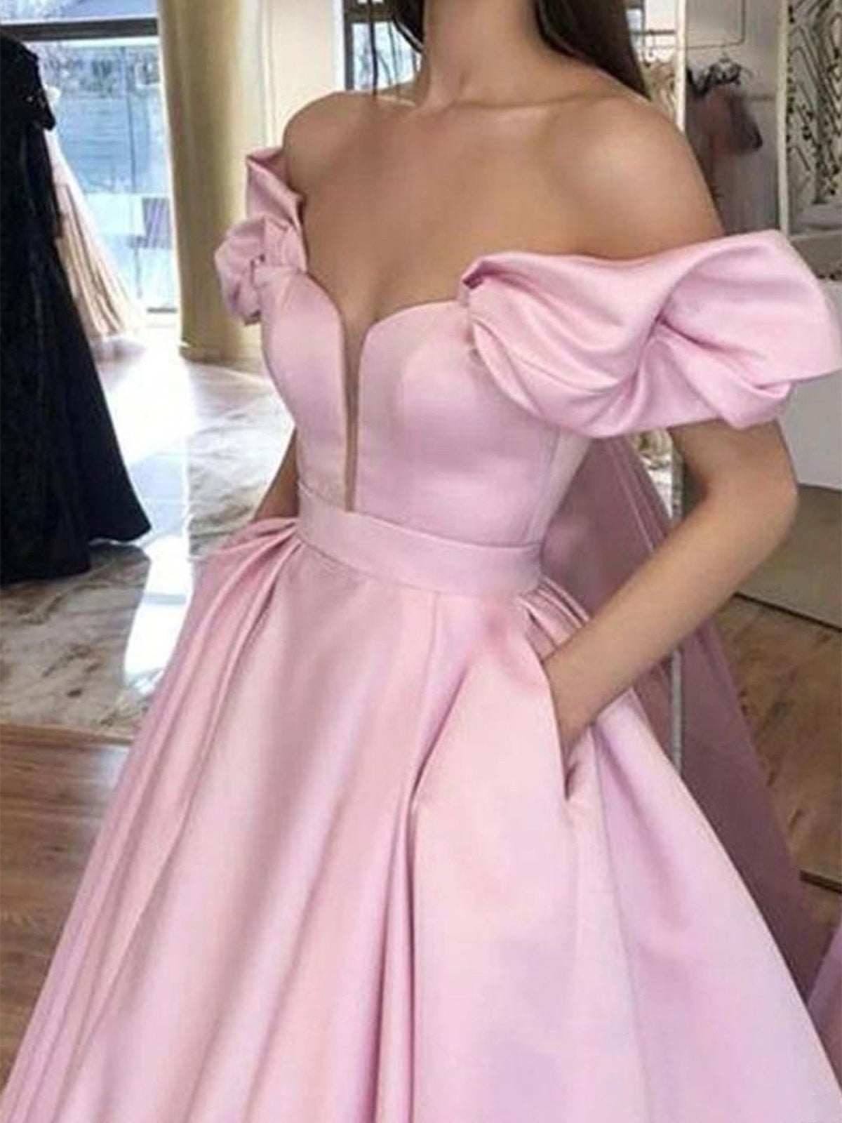 Ball Gown Off-The-Shoulder Floor-Length Long Dresses With Pockets Sexy Evening Dresses