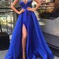 A-Line/Princess V-Neck Spaghetti Straps Long Prom Dresses With Split Side & Sequins Sexy