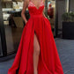 A-Line/Princess V-Neck Spaghetti Straps Long Prom Dresses With Split Side & Sequins Sexy