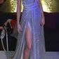 A-Line/Princess V-Neck Long Prom Dresses With Sequins & Split Side Sparkly Evening Dresses