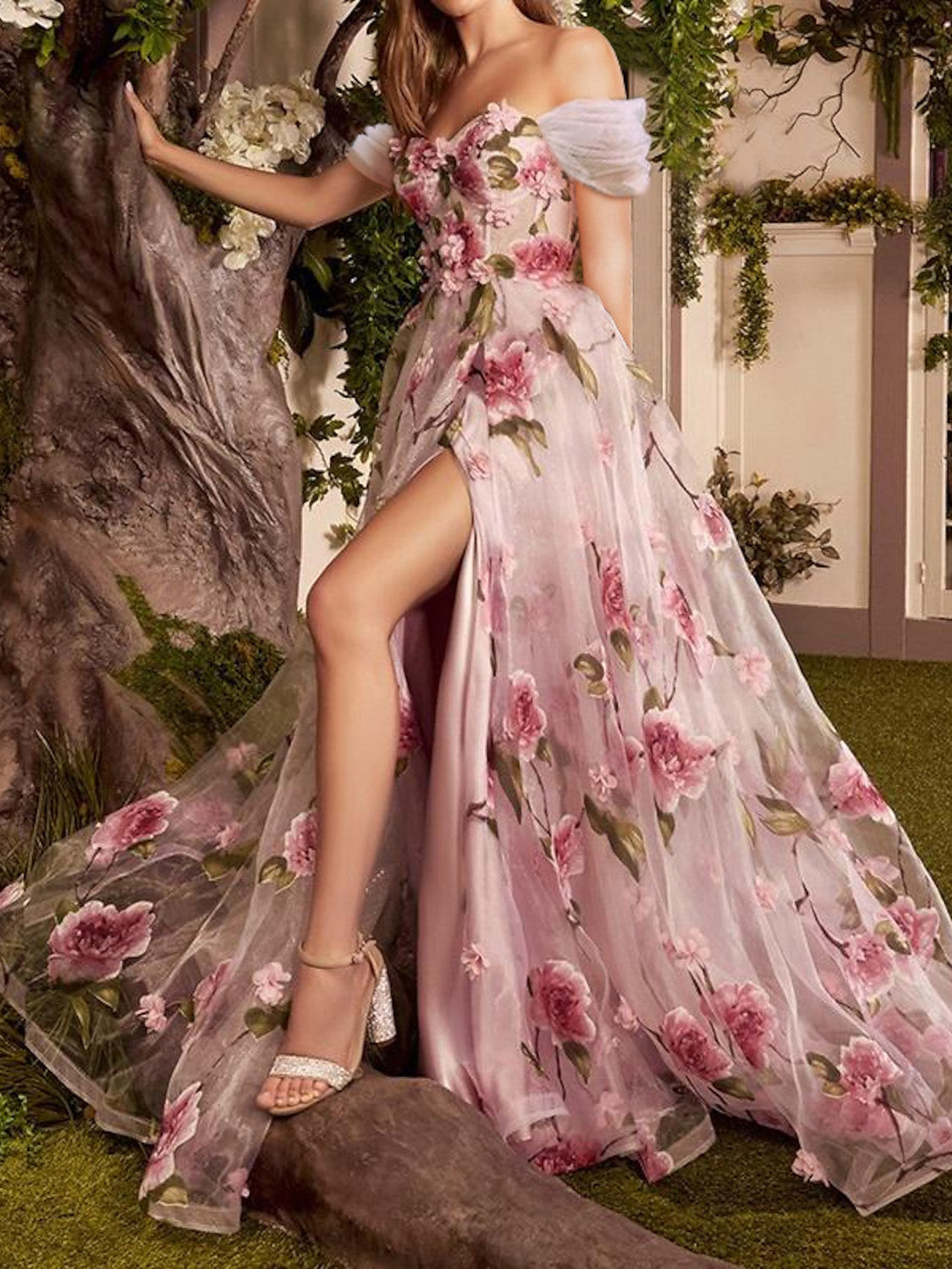 A-Line/Princess Off-The-Shoulder Long Prom Floral Dresses With Split Side Sexy