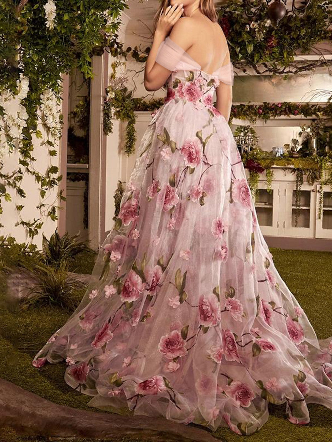 A-Line/Princess Off-The-Shoulder Long Prom Floral Dresses With Split Side Sexy