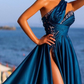 A-Line/Princess One-Shoulder Long Prom Floral Dresses With Beading & Split Side Sexy